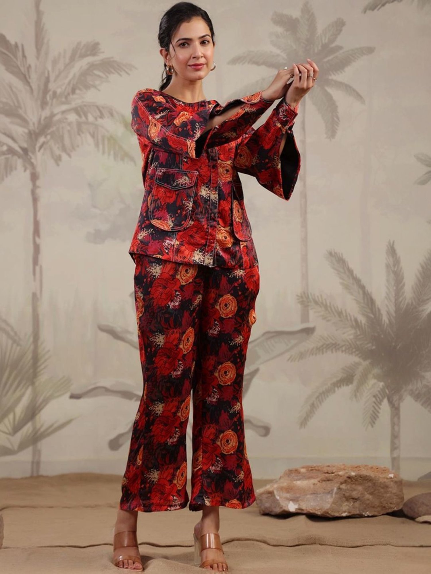 SCAKHI Black & Red Floral Print Top Pant Set