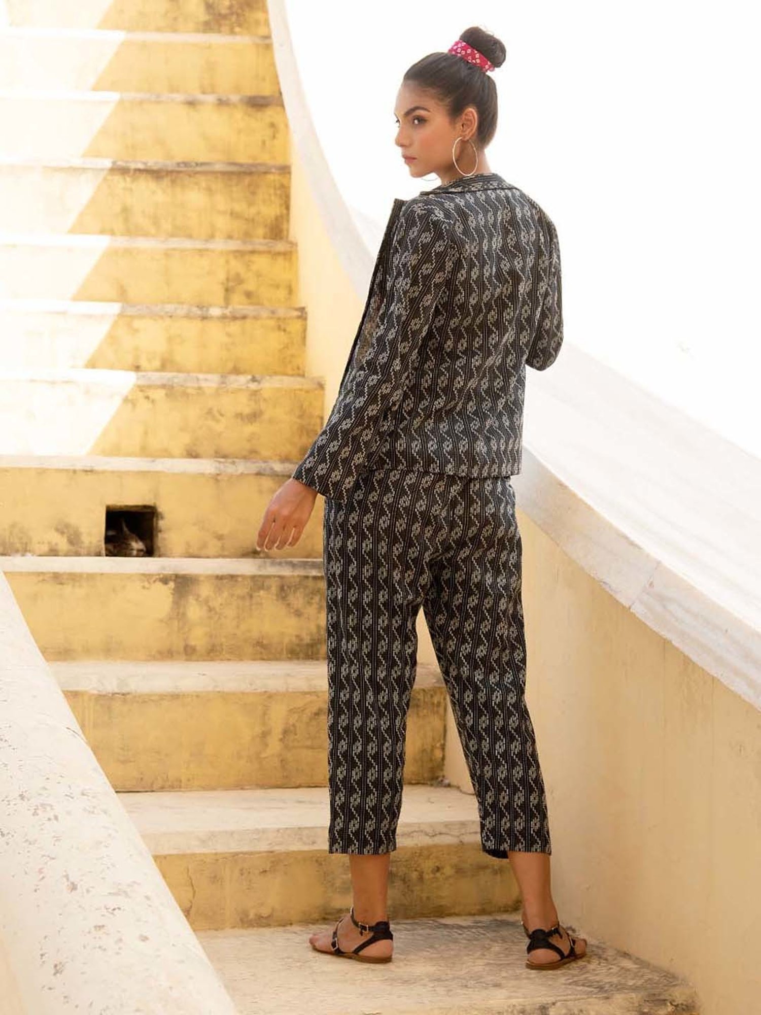 KAORI BY SHREYA AGARWAL Black & Pink Cotton Embroidered Crop Top Pant Set With Blazer