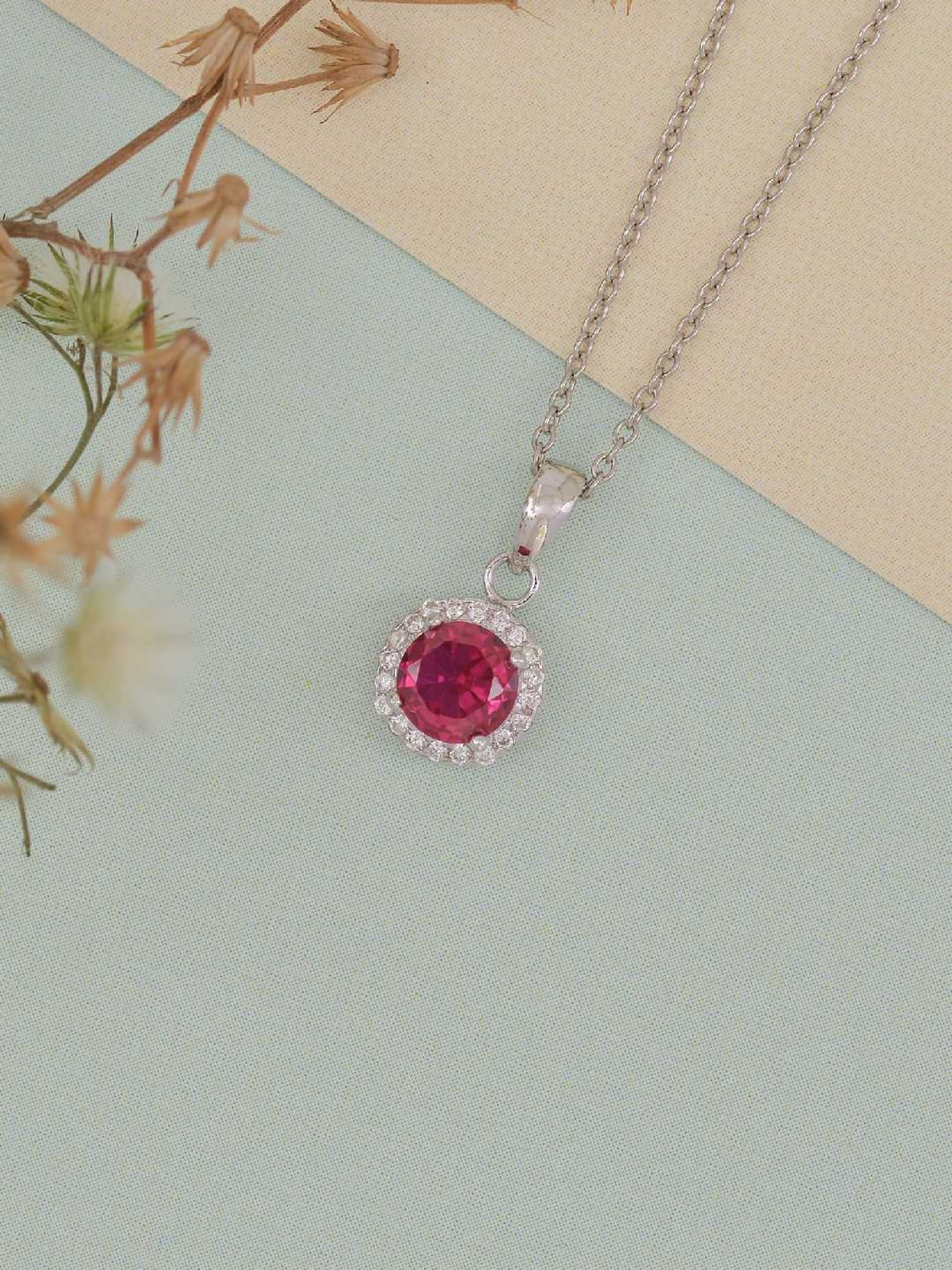 925 Silver Red Ruby and American Diamond Halo Pendant with 18-inch Chain for Women & Girls