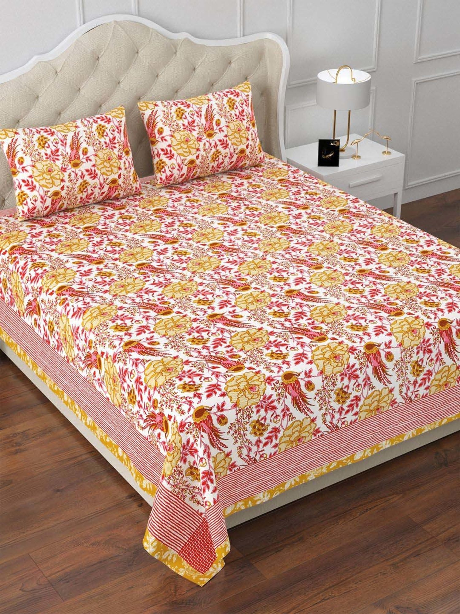 Aapno Rajasthan Ranthambore Reminiscence Pink & Yellow Cotton Double Bedsheet With 2 Pillow Cover