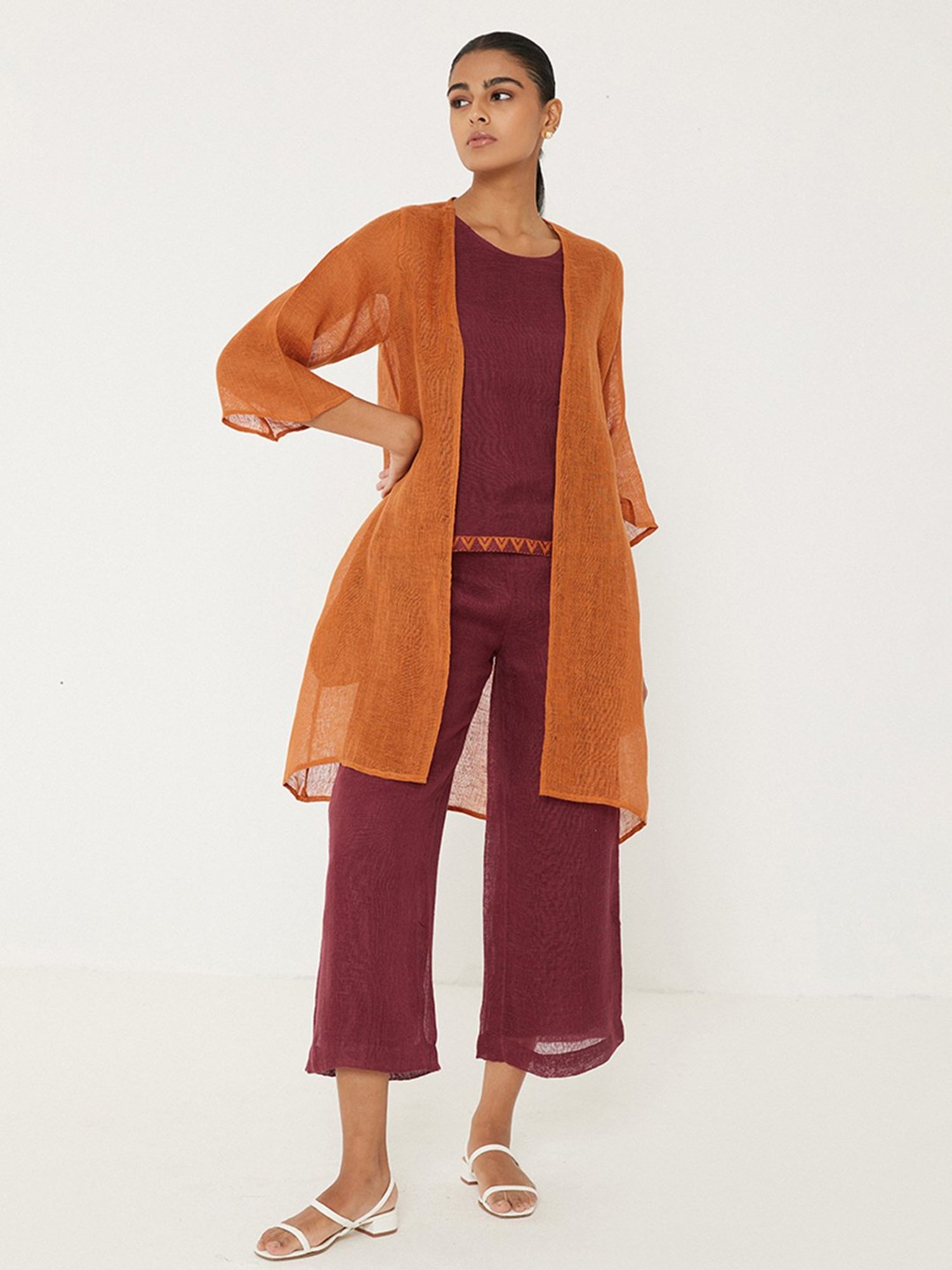 ANCESTRY Orange & Maroon Top & Pant Set With Jacket