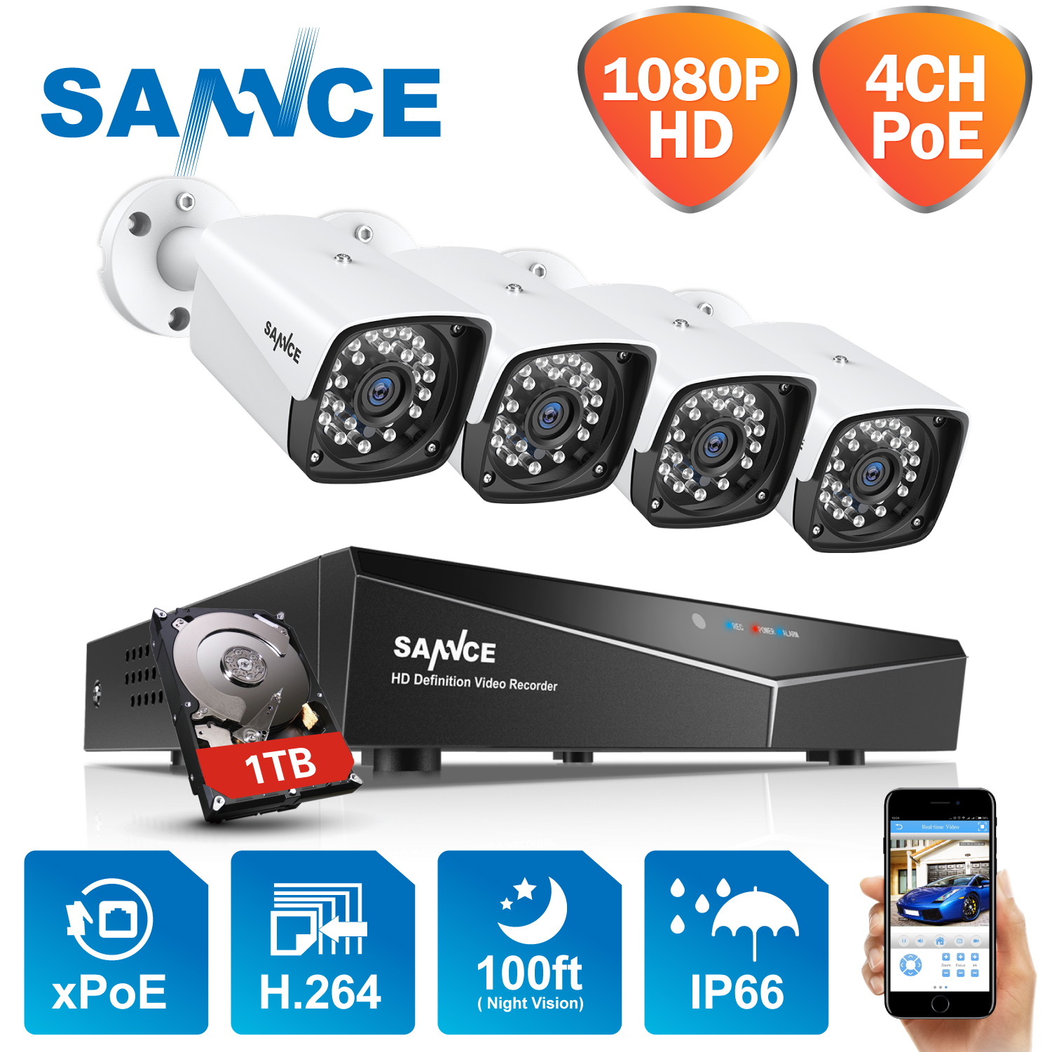 SANNCE 1TB Hard Drive 4CH 1080P PoE NVR HD Security Camera System with 4xHD 2.0 MP Weatherproof Bullet IP Cameras, Quick QR Code Smartphone Access, HDMI Output, USB Backup