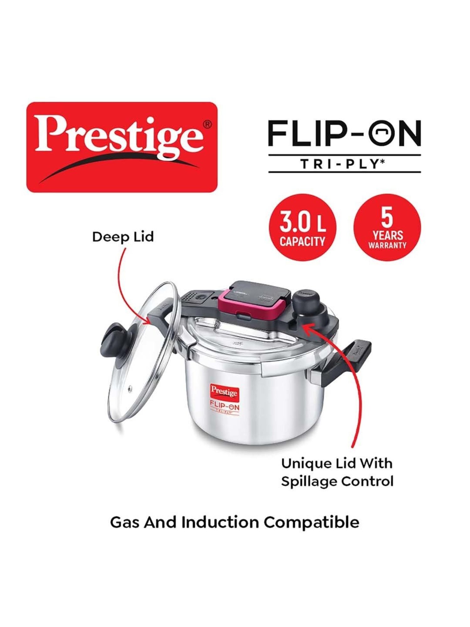 Prestige Silver And Black Stainless Steel 18 cm Flip-On Pressure Cooker With Glass Lid (3 L)