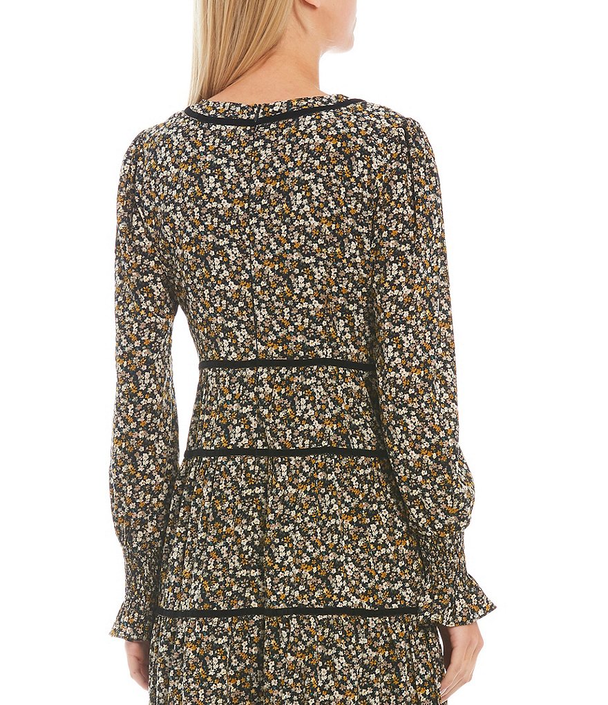 Sugarlips Ditsy Floral Print Deep V-Neck Long Sleeve Velvet Trim Tiered Midi Dress