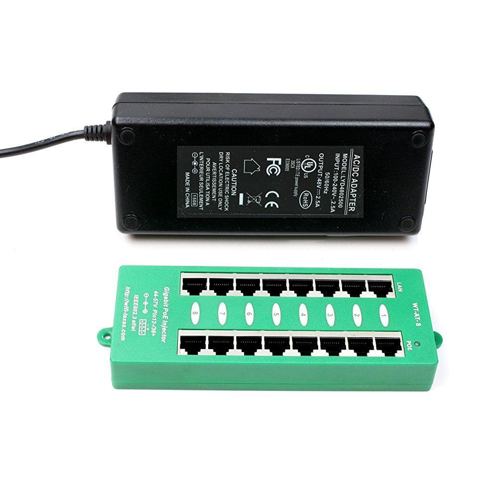 WT-AT-8-56v120w 802.3at on-Demand Gigabit PoE 8 Port Power over Ethernet Injector for PoE Cameras, IP Phones, Wifi Access Points, Includes 56 Volt 120 watt Power Supply with UL, DoE, FCC listings