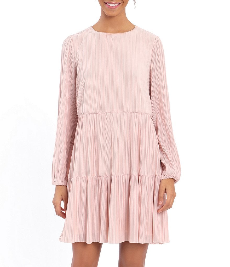 London Times Long Sleeve Crew Neck Crystal Pleat Tiered Swing Dress