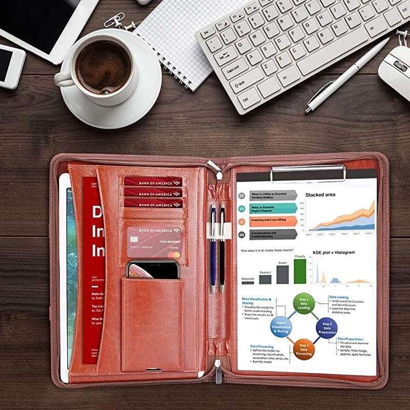 Zippered Leather Padfolio Portfolio with Hidden Handle and Clipboard Business Conference Portfolio Organizer Notepad Folder Portfolio Bag Portfolio Padfolio for WomenMen Brown
