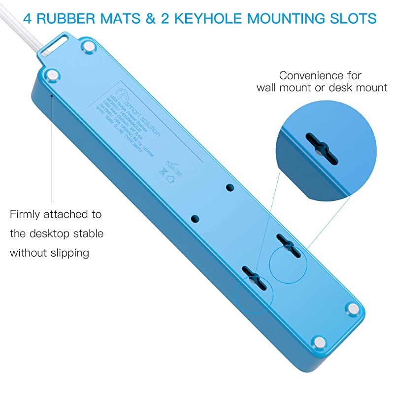 ON USB Surge Protector Power Strip, 4 Multi Outlets with 4 USB Charging Ports, 3.4A Total Output-600J Surge Protector Power Bar, 6 ft Long UL Cord, Wall Mount-Blue&hellip;