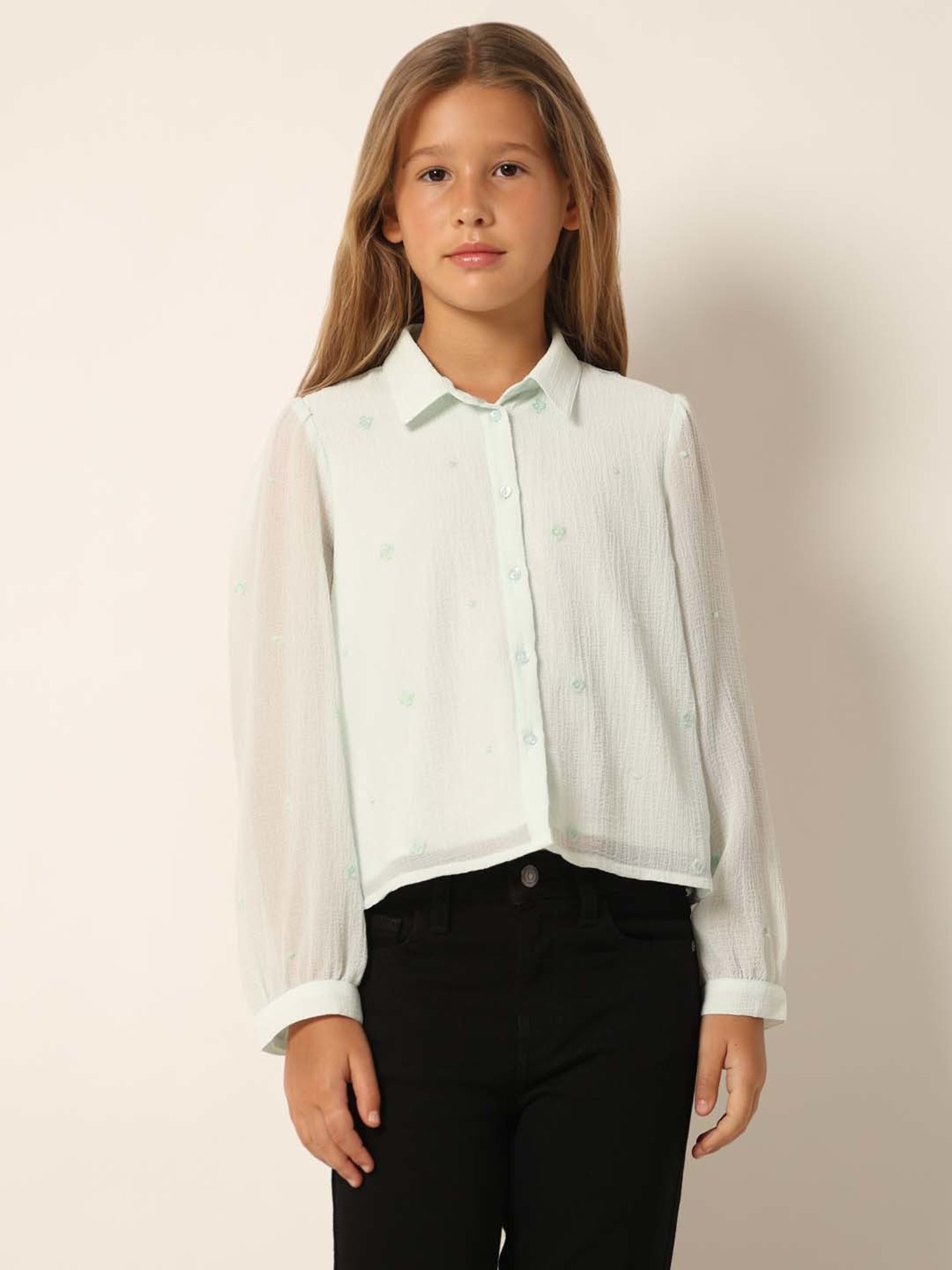 VERO MODA GIRL Aqua Blue Embroidered Full Sleeves Shirt
