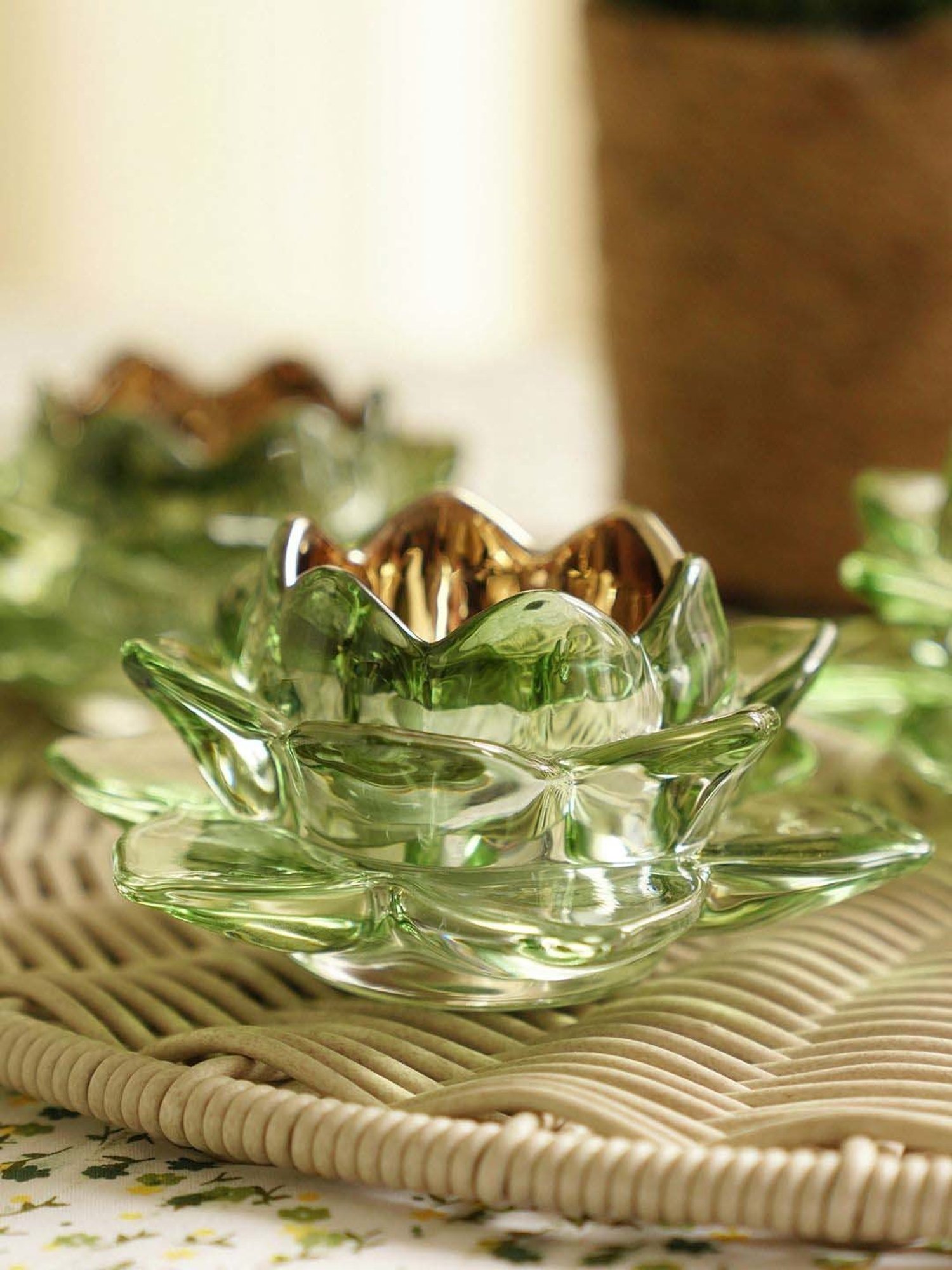 Pure Home and Living Green Glass Lotus Shaped Tealight Holder - Set of 2