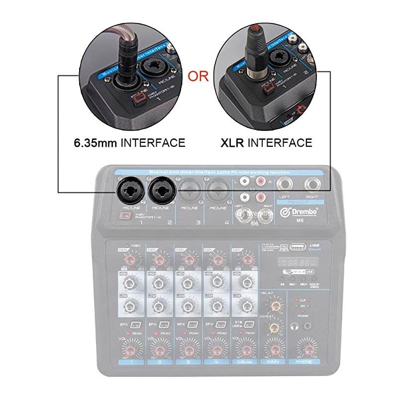 Mini 6 Channel Mixer Audio DJ Console with Sound Card, USB Audio Interface, 48V Phantom Power Mixer for PC Recording Singing Webcast Party ()
