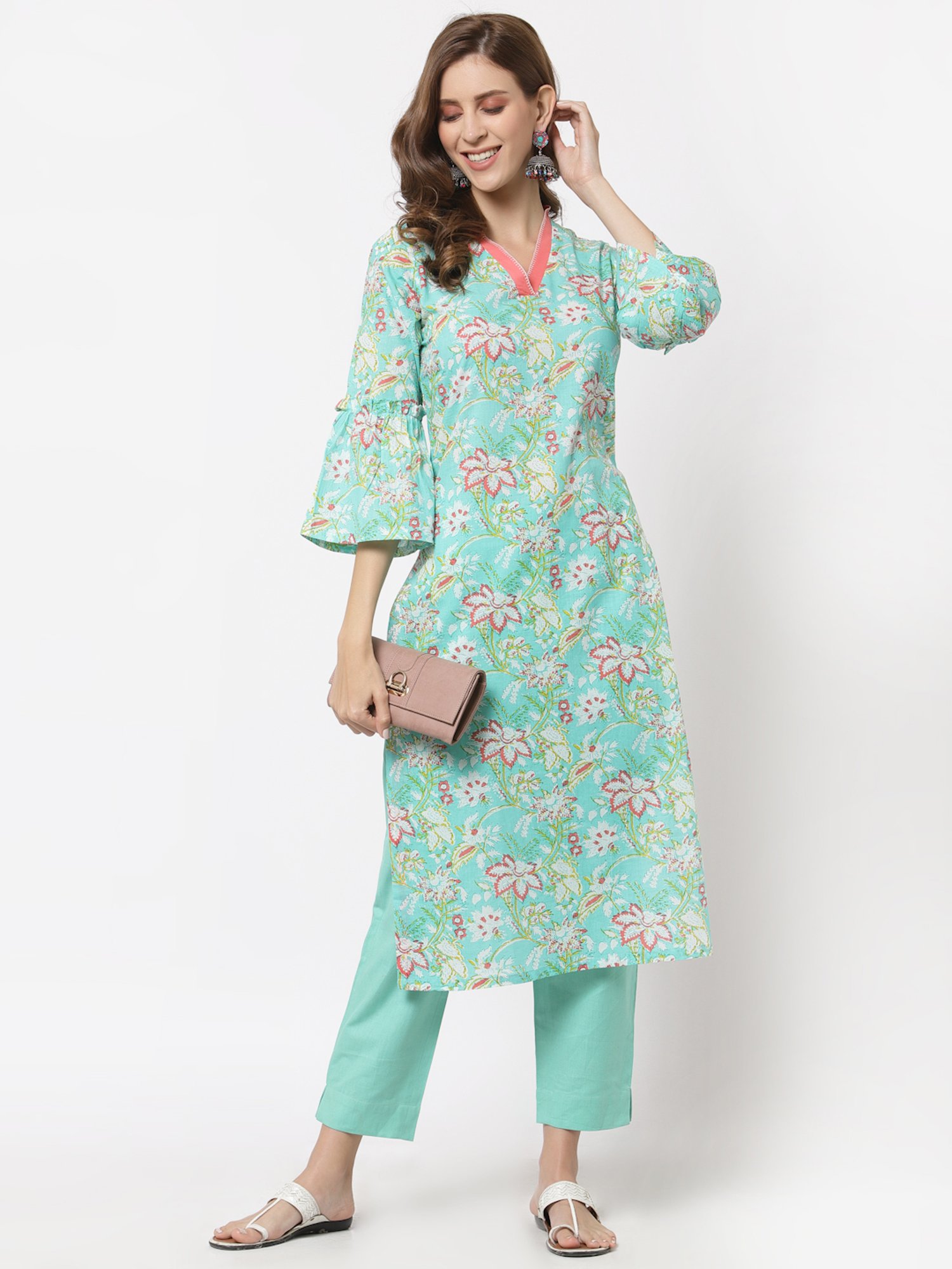 Kami Kubi Green Cotton Floral Print Straight Kurta