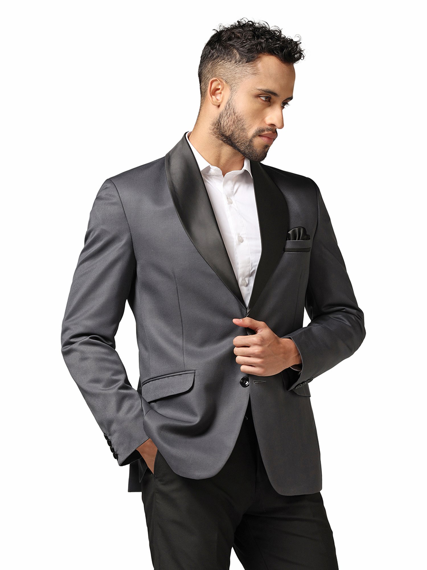 TAHVO Dark Grey Regular Fit Shawl Collar Tuxedo Blazer