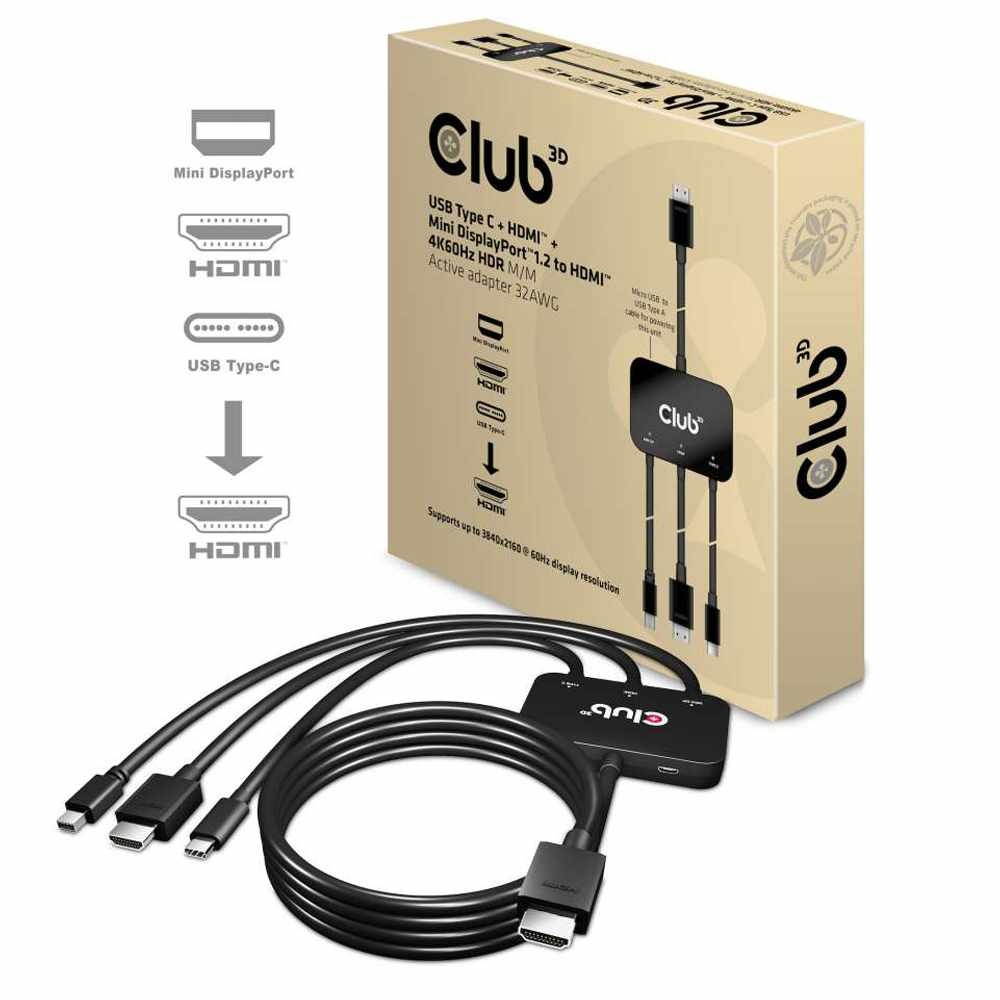 Club3D CAC-1630 USB Type C + HDMI + MiniDisplayPort 1.2 to HDMI 4K60Hz HDR M/M Active Adapter 32AWG