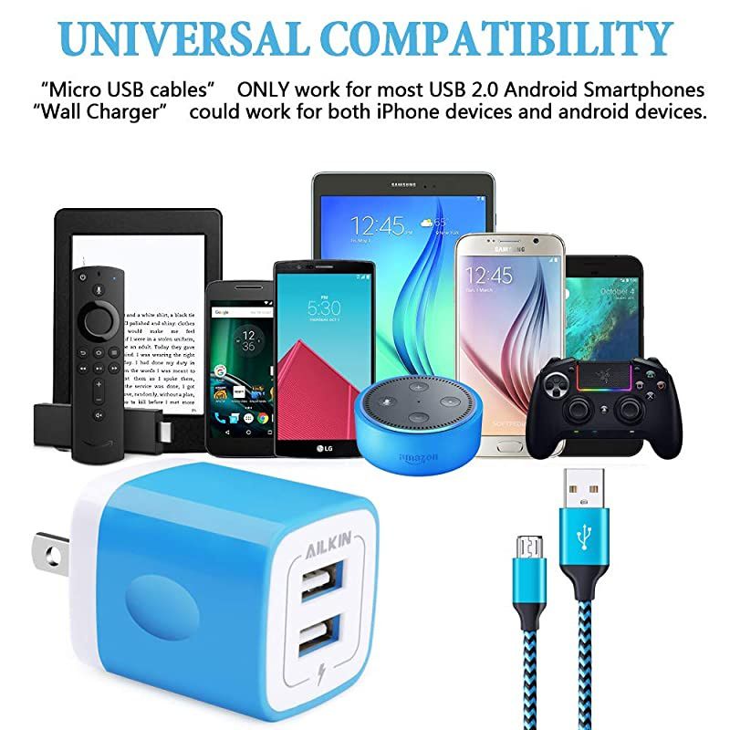 USB Wall Charger Box, USB Brick S7/S6 Edge Fast Charger, Charger Adapter Plug for Samsung Galaxy J7/J8/J6 Cord with Charger Cube Dual Port & 6 Ft USB Cable Android Phone, HTC, LG Stylo