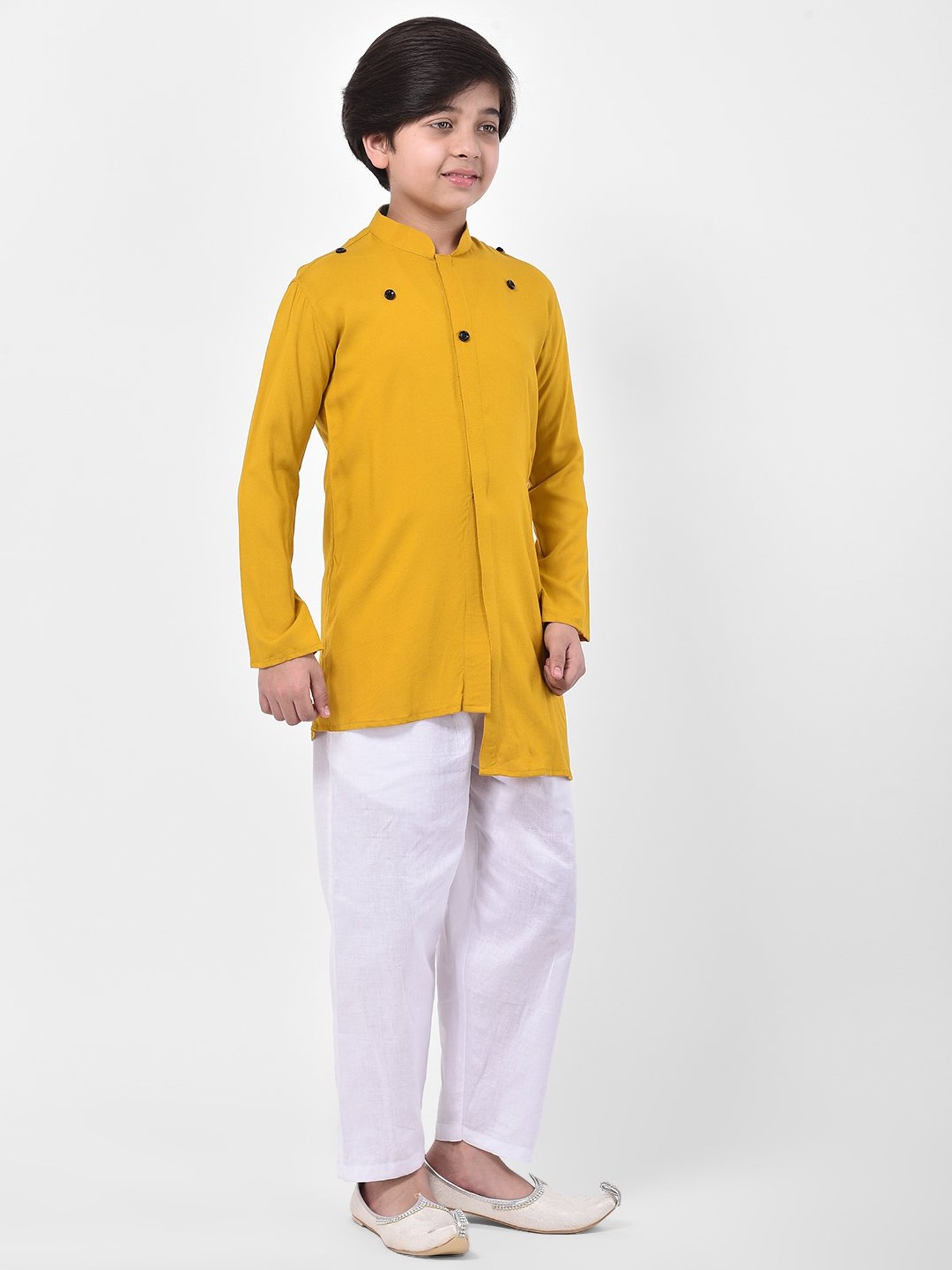 Deyann Kids Yellow & White Solid Full Sleeves Kurta with Pyjamas
