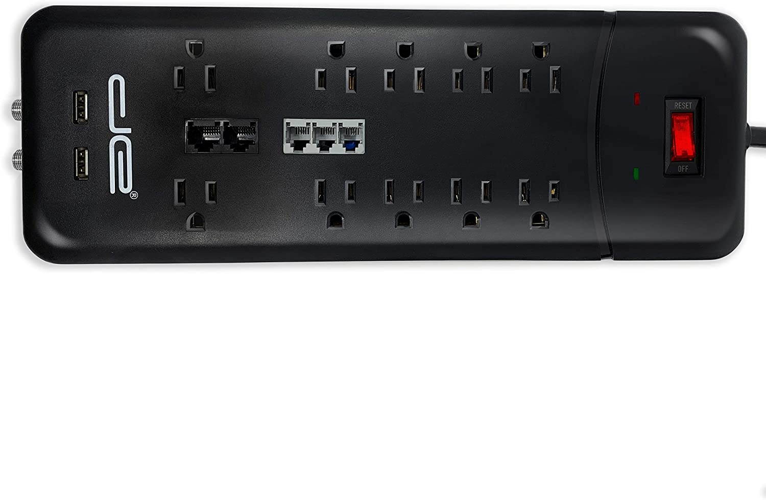 Digital Energy 15-ft Heavy Duty 10-Outlet 3500 Joules Surge Protector Power Strip, 15 Foot Long Extension Cord, Two USB Charging Ports, Coaxial, Phone Protection, ETL Listed. 15 AMP, Black