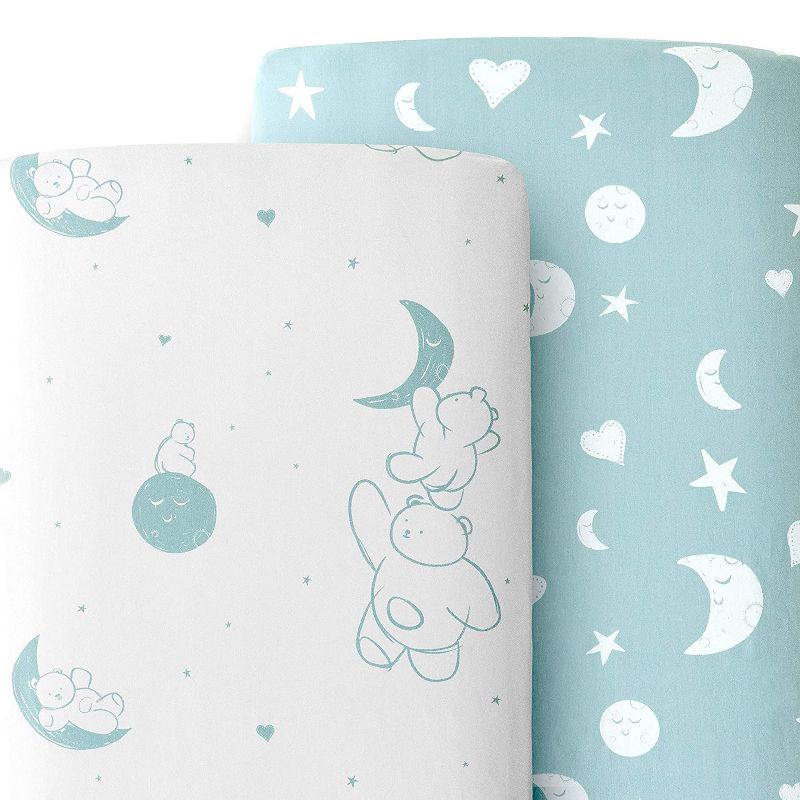 JumpOff Jo 100% Cotton Crib Sheet Set, Super Soft, Hypoallergenic, Breathable Crib Mattress Toppers, Bear & Moon, 2 Sheets