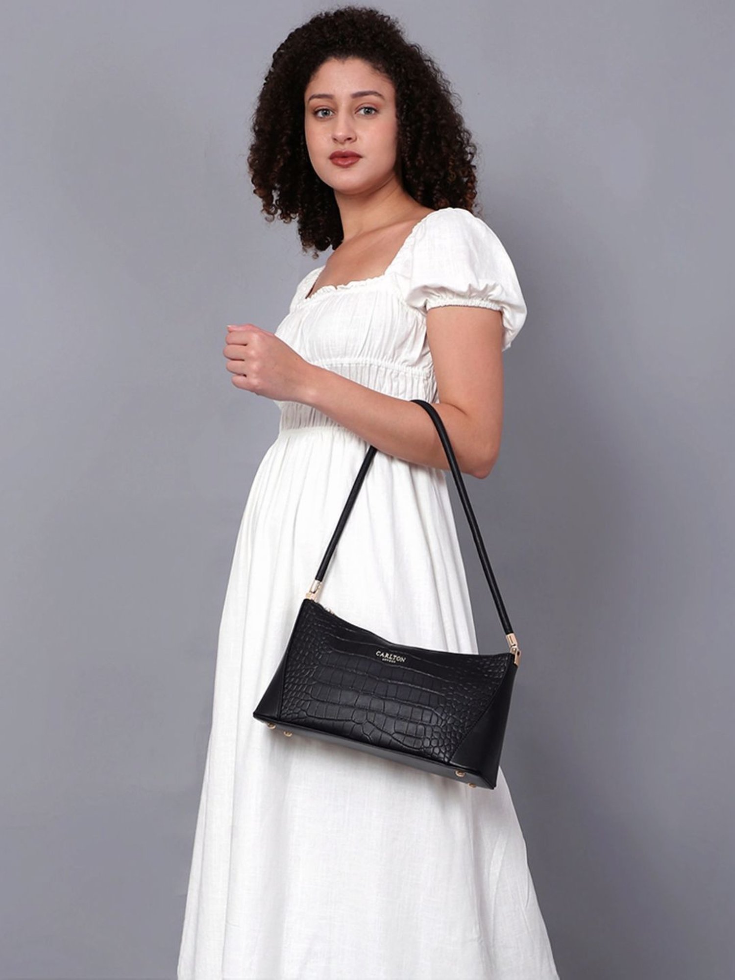 Carlton London Black Textured Medium Shoulder Handbag