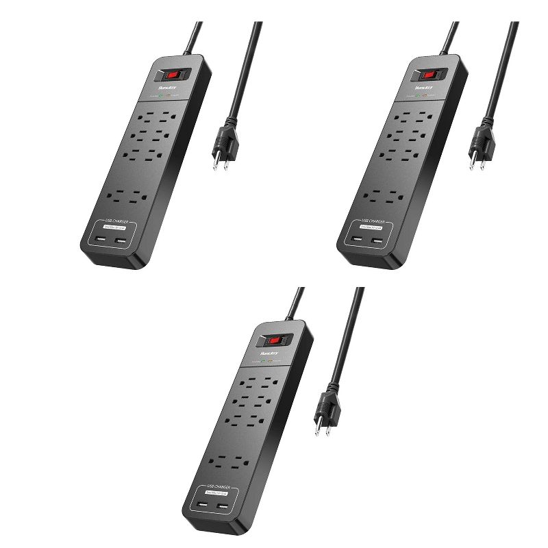 Huntkey 3 x SMC807 Power Strip with 8 Standard American Sockets, 2 5V/2.4A USB Ports, and 6 Foot Heavy Duty Cord, Black (3 Pack)