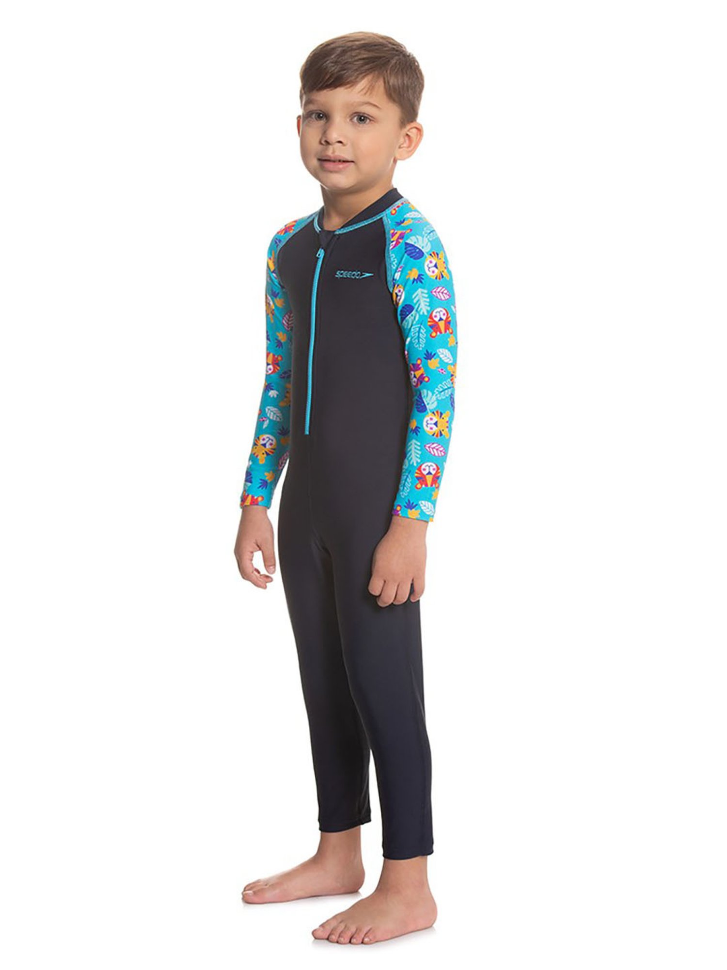 Speedo Kids Blue & Black Color Block Full Sleeves Swimsuit