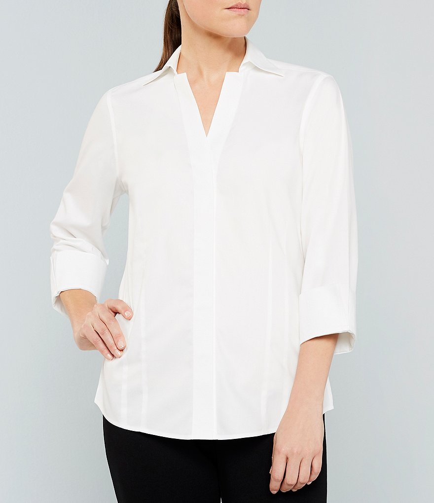 Investments Taylor Gold Label Non-Iron Point Collar Y-Neck 3/4 Sleeve Button Front Shirt