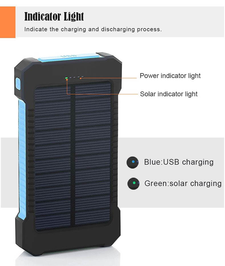 10000mAh Solar Power Bank Waterproof Solar External Battery Emergency Charging for iPhone Huawei Mobiles Camping LED Light