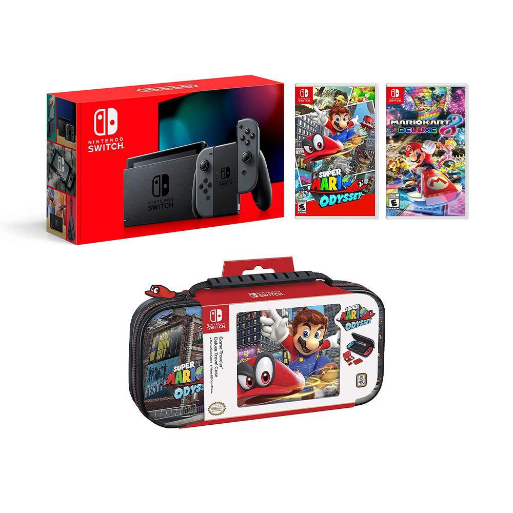 Nintendo Switch Super Mario Kart 8 and Odyssey Deluxe Bundle: Gray Joy-Con Improved Battery Life 32GB Console,Super Mario Kart 8 Deluxe, Super Mario Odyssey Game Disc and Odyssey Deluxe Travel Case