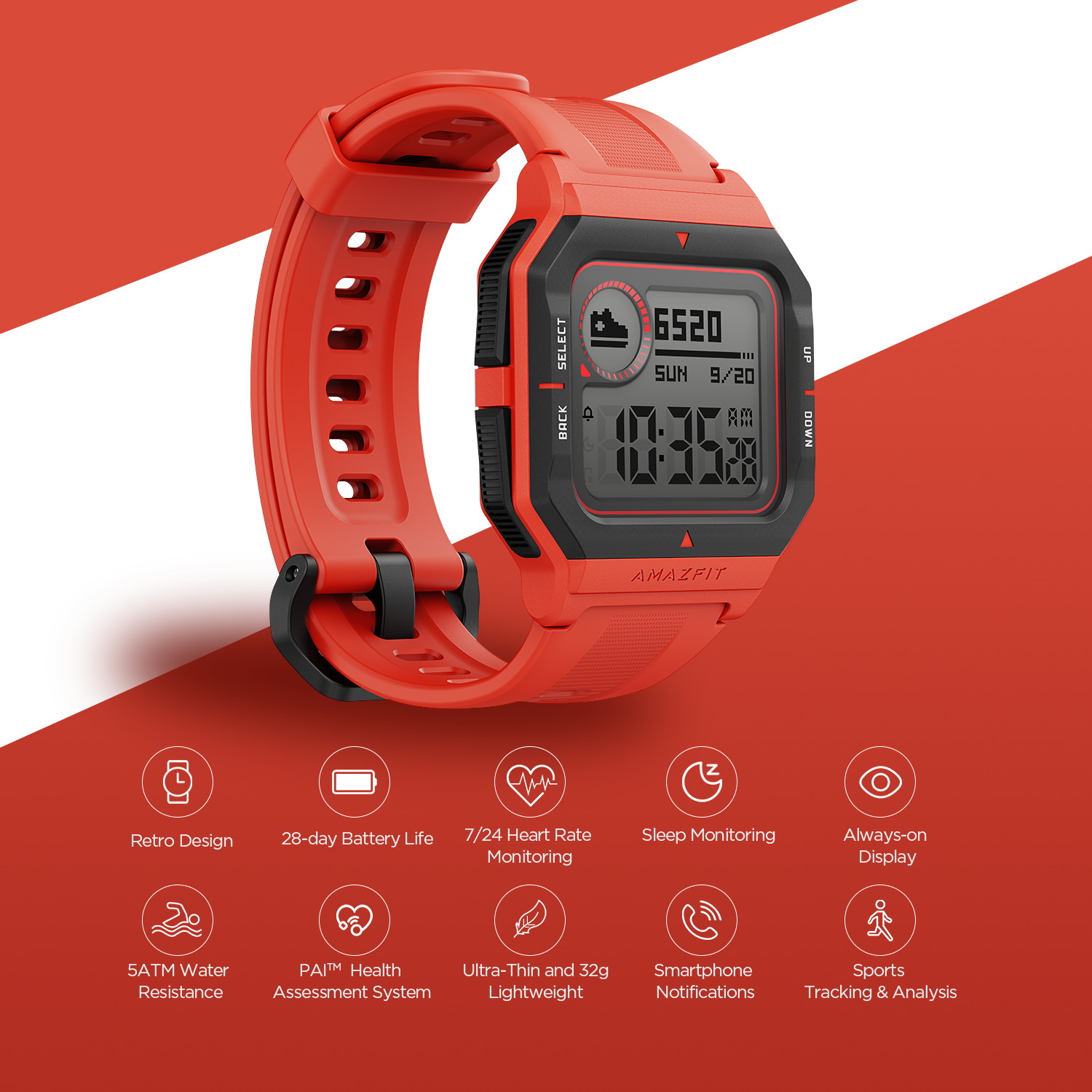 Amazfit Neo Fitness Retro Smartwatch: 28-Day Battery Life - Real-Time Workout Tracking - Heart Rate and Sleep Monitoring - Smart Notifications, 1.2" Always-On Display - Water Resistant, Orange