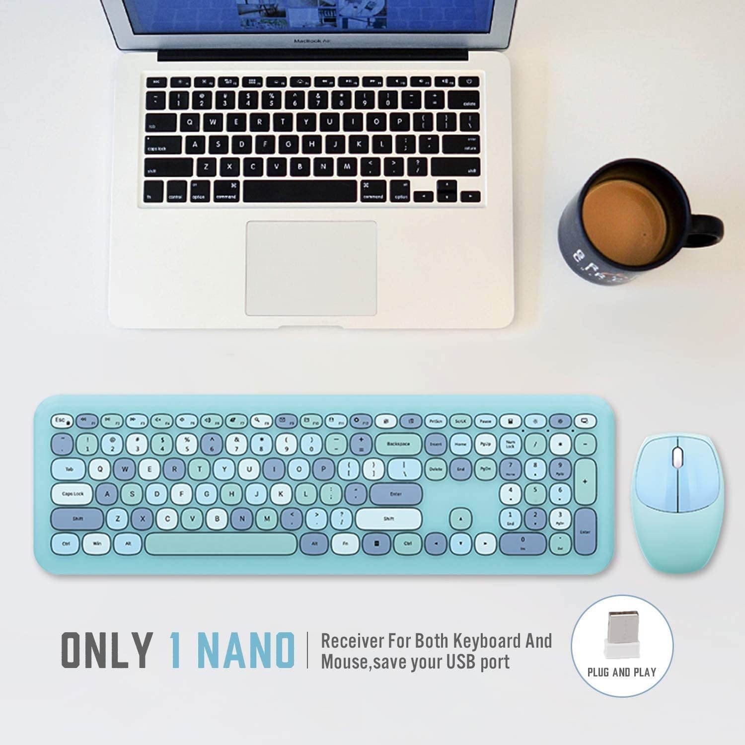 Wireless Keyboard and Mouse Combo, Ultra-Thin 2.4G USB Full Size Keyboard and Mouse Set, Cute 110 Keys Keyboard for PC, Notebook, MacBook, Tablet, Laptop, Windows System (Blue Colorful)