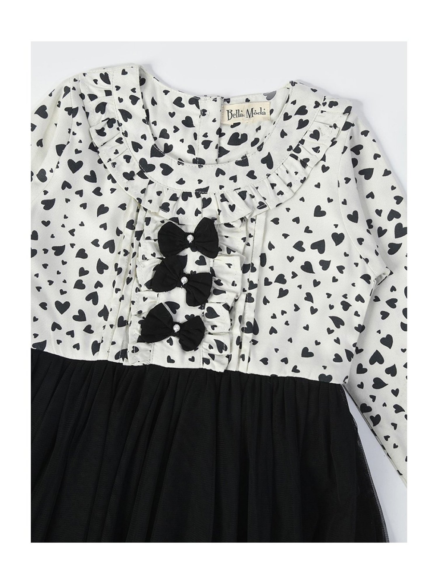 Bella Moda Kids White & Black Printed Full Sleeves Fit & Flare Dress