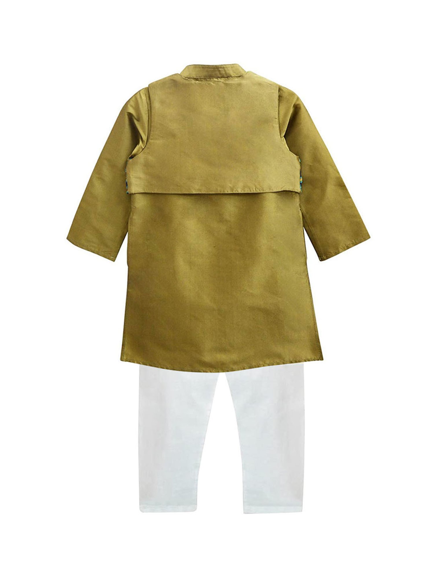 A.T.U.N. Gold & White Embroidered Full Sleeves Kurta with Jacket & Pyjamas