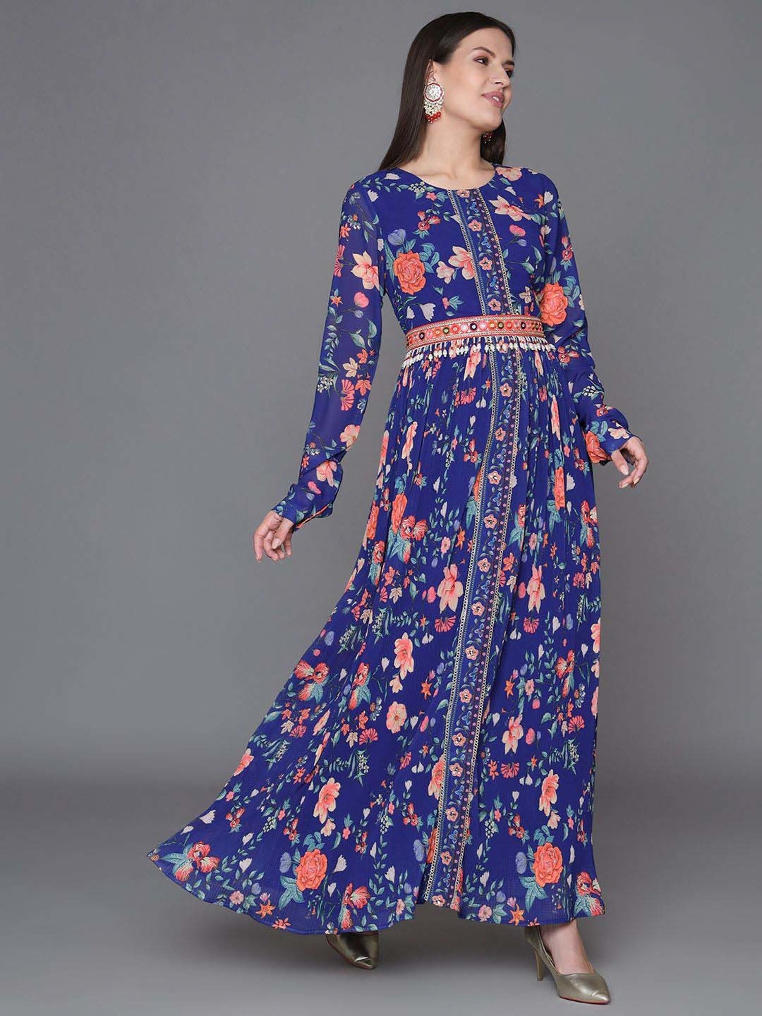Heeposh Blue Printed Dress With Dupatta & Belt