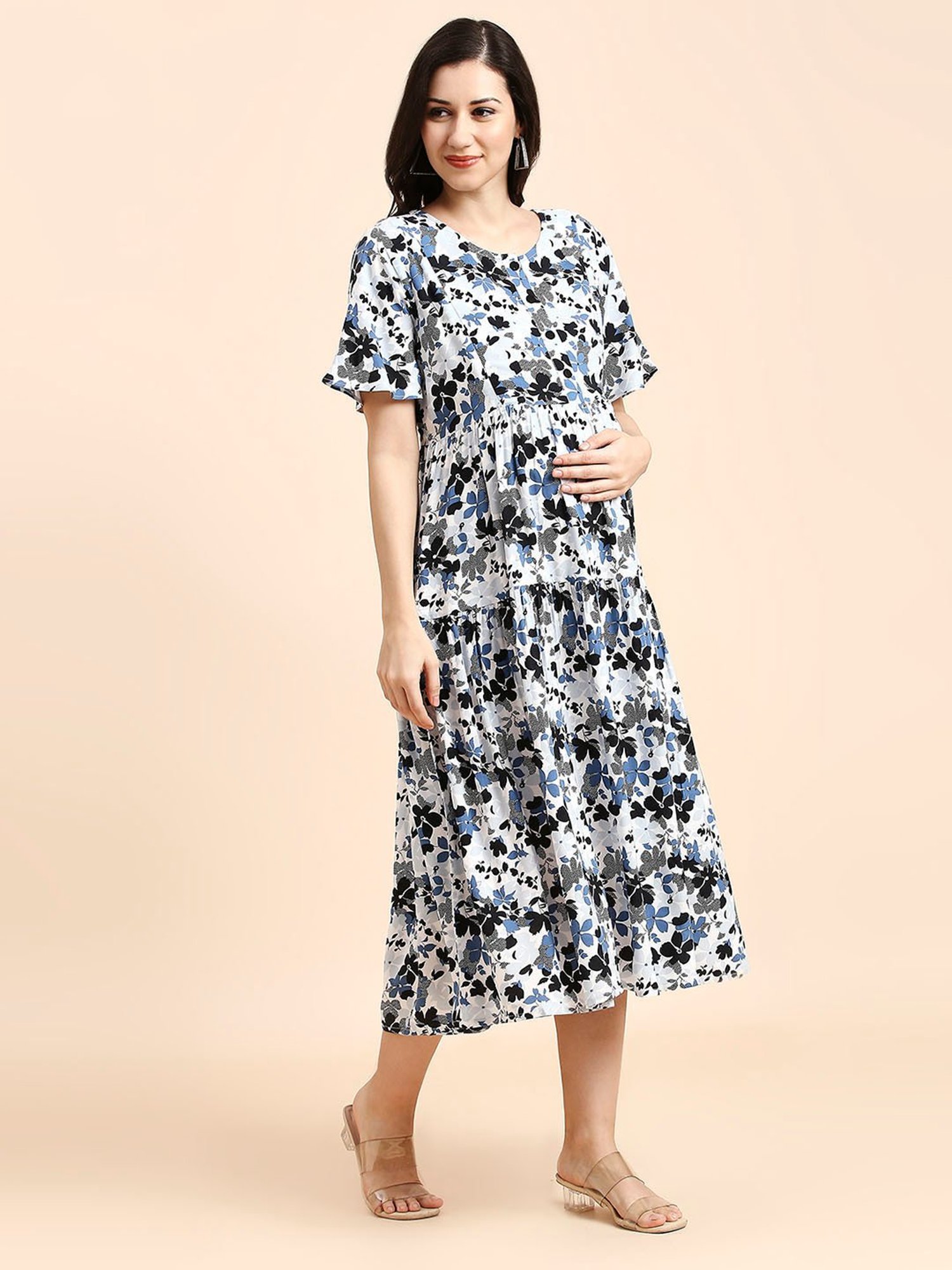 MomToBe Blue & White Floral Print Maternity Midi Dress
