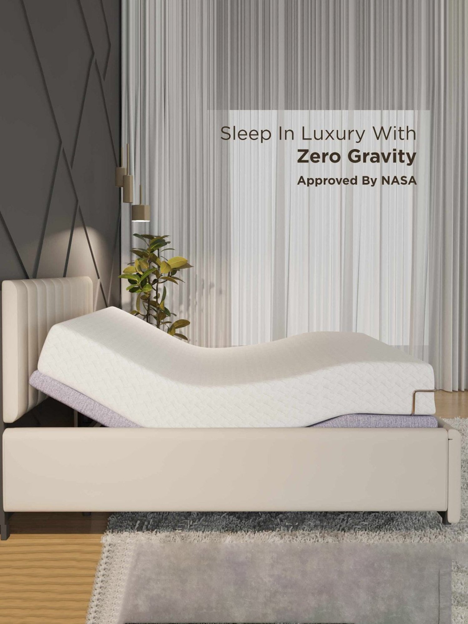 The Sleep Company Elev8 Italia Beige Smart Adjustable Queen Bed Frame with Ortho 8 inch Mattress