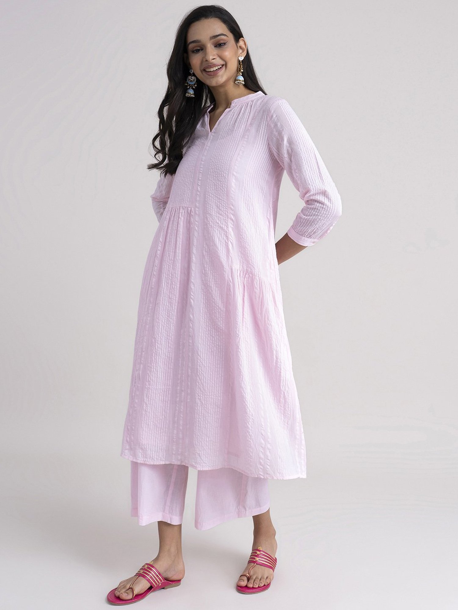 Pink Fort Pink Cotton Striped Kurta Pant Set