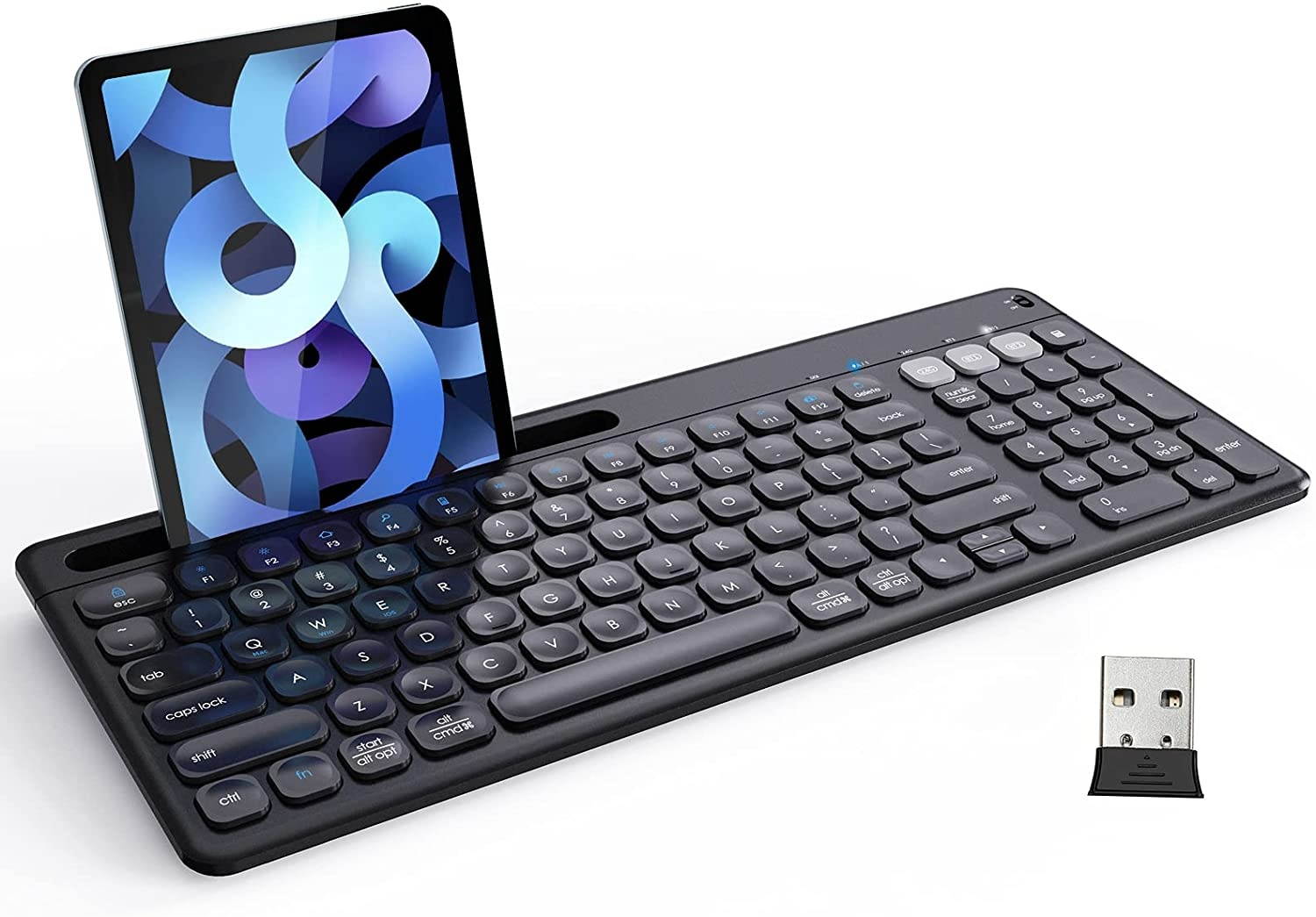 Multi-Device Bluetooth Keyboard, iClever DKA2KB Dual Mode (Bluetooth 4.2 + 2.4G) Wireless Keyboard, Ergonomic Ultra-Slim Computer Keyboard with iPad Holder for Mac, Windows, Android, PC, Laptop, Black