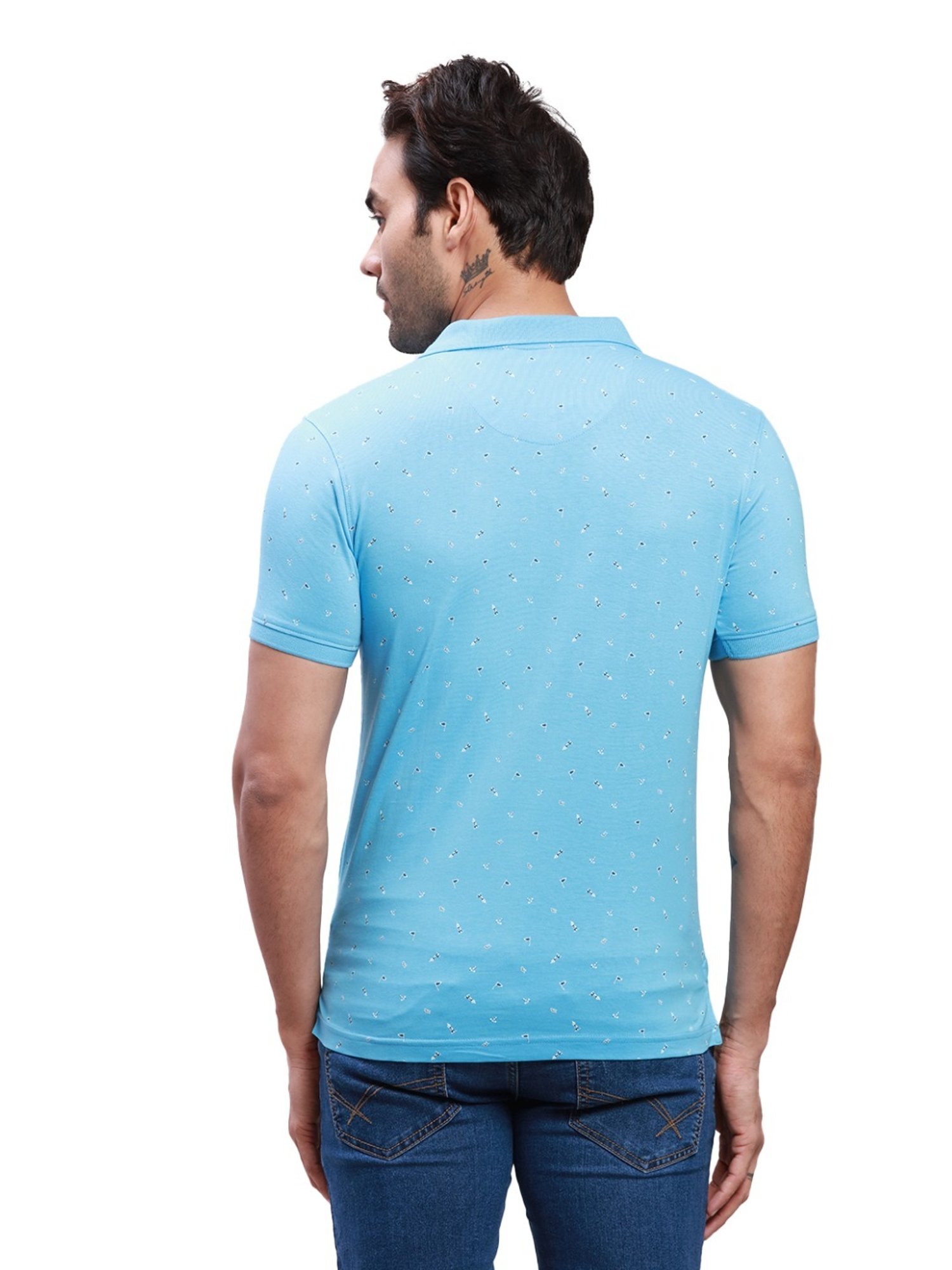 Parx Light Blue Cotton Regular Fit Printed Polo T-Shirt