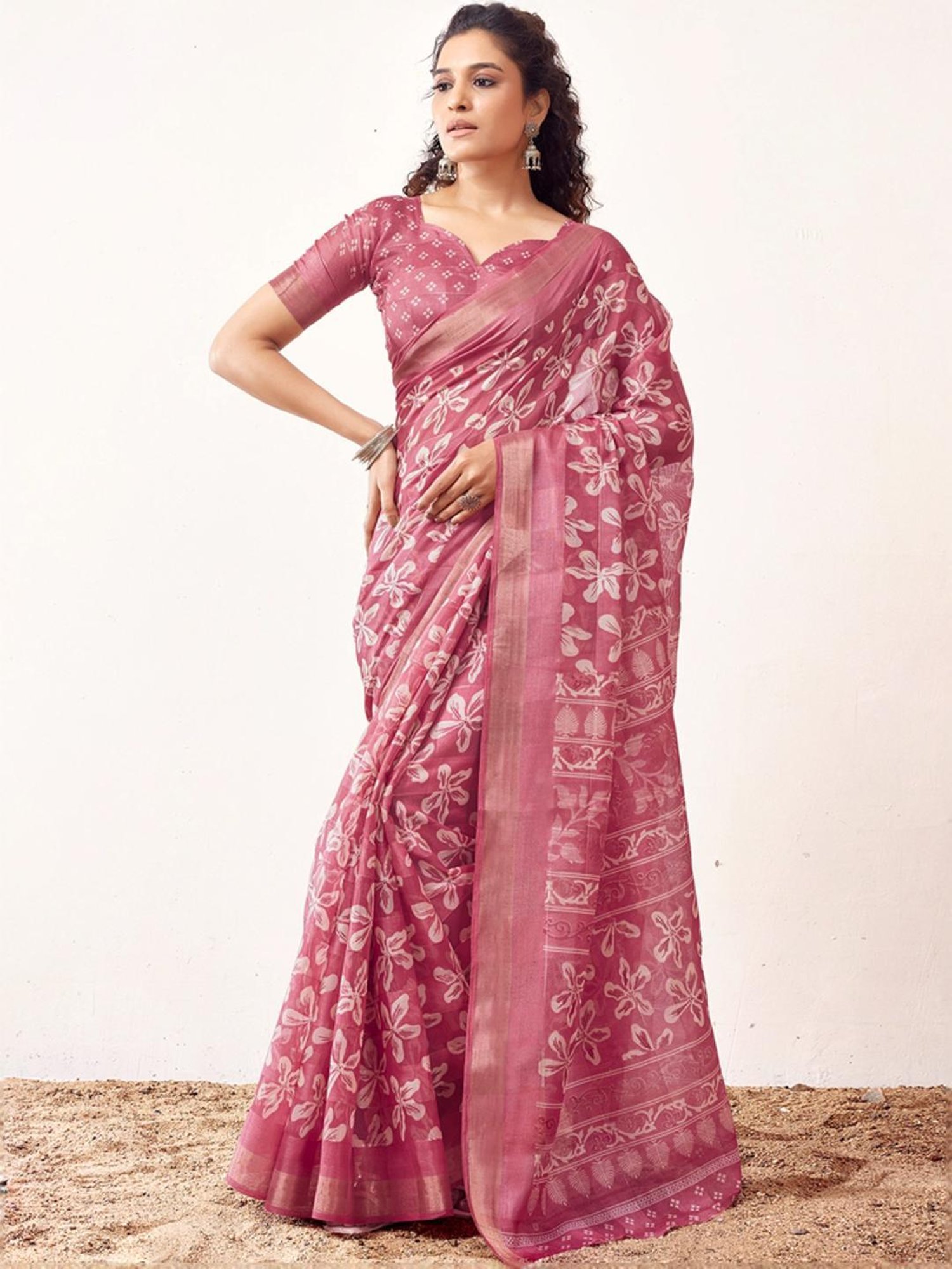 Satrani Pink Floral Print Saree With Unstitched Blouse