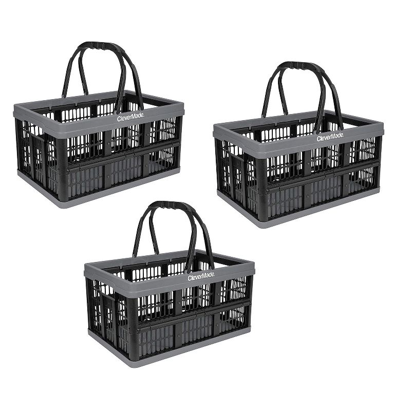 CharcoalCleverMade CleverCrate Durable Plastic Stackable 16L Collapsible Shopping Basket, Charcoal (3-Pack)