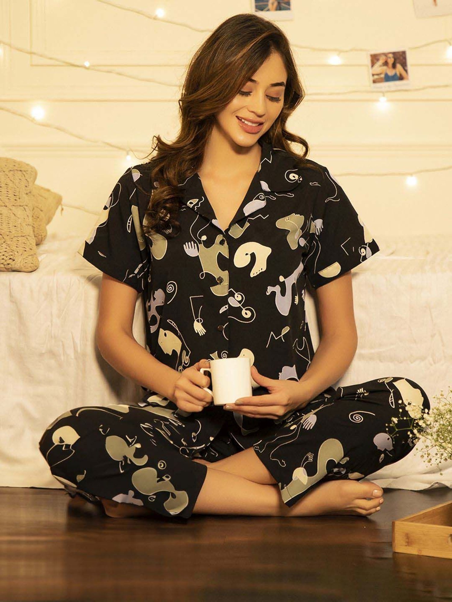 Clovia Black Printed Shirt With Pyjamas