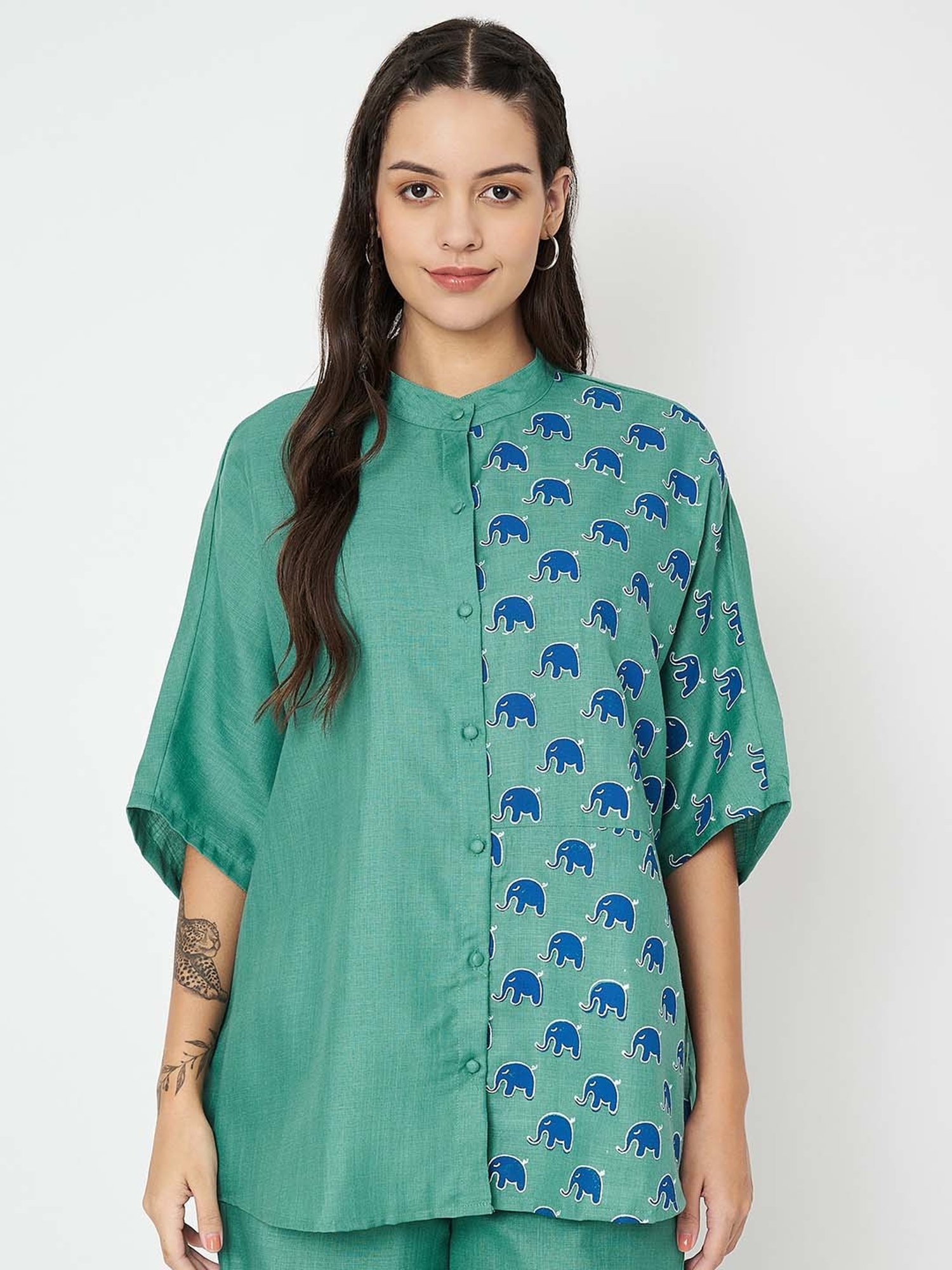 9rasa Green Printed Cotton Shirt