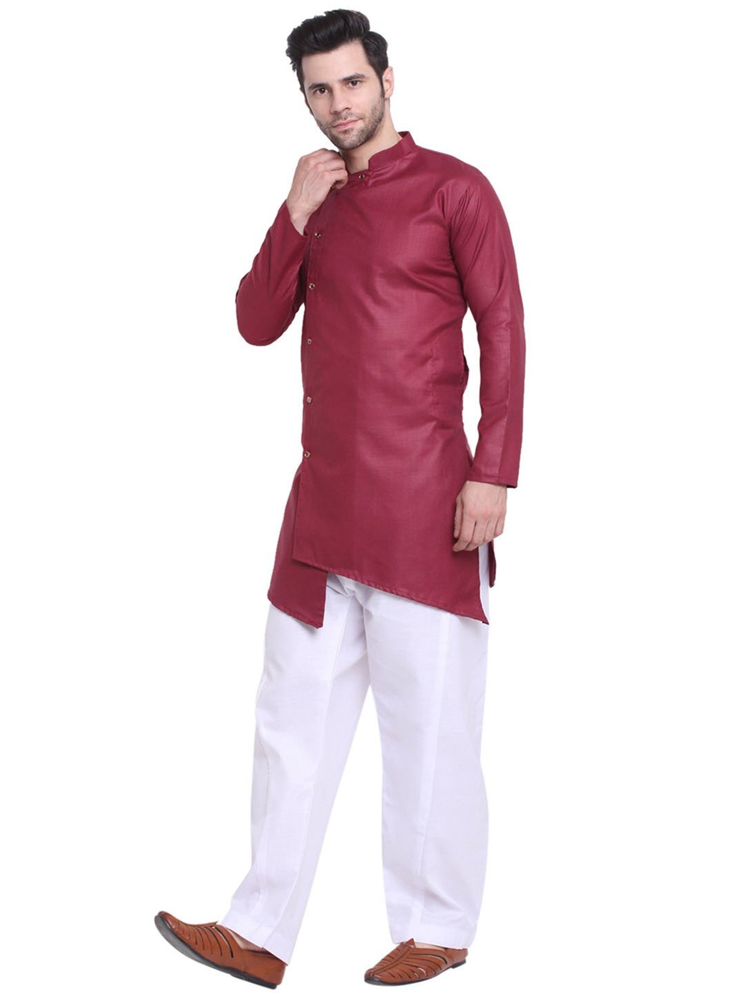 Benstoke Maroon & White Regular Fit Asymmetric Kurta & Pyjamas Set