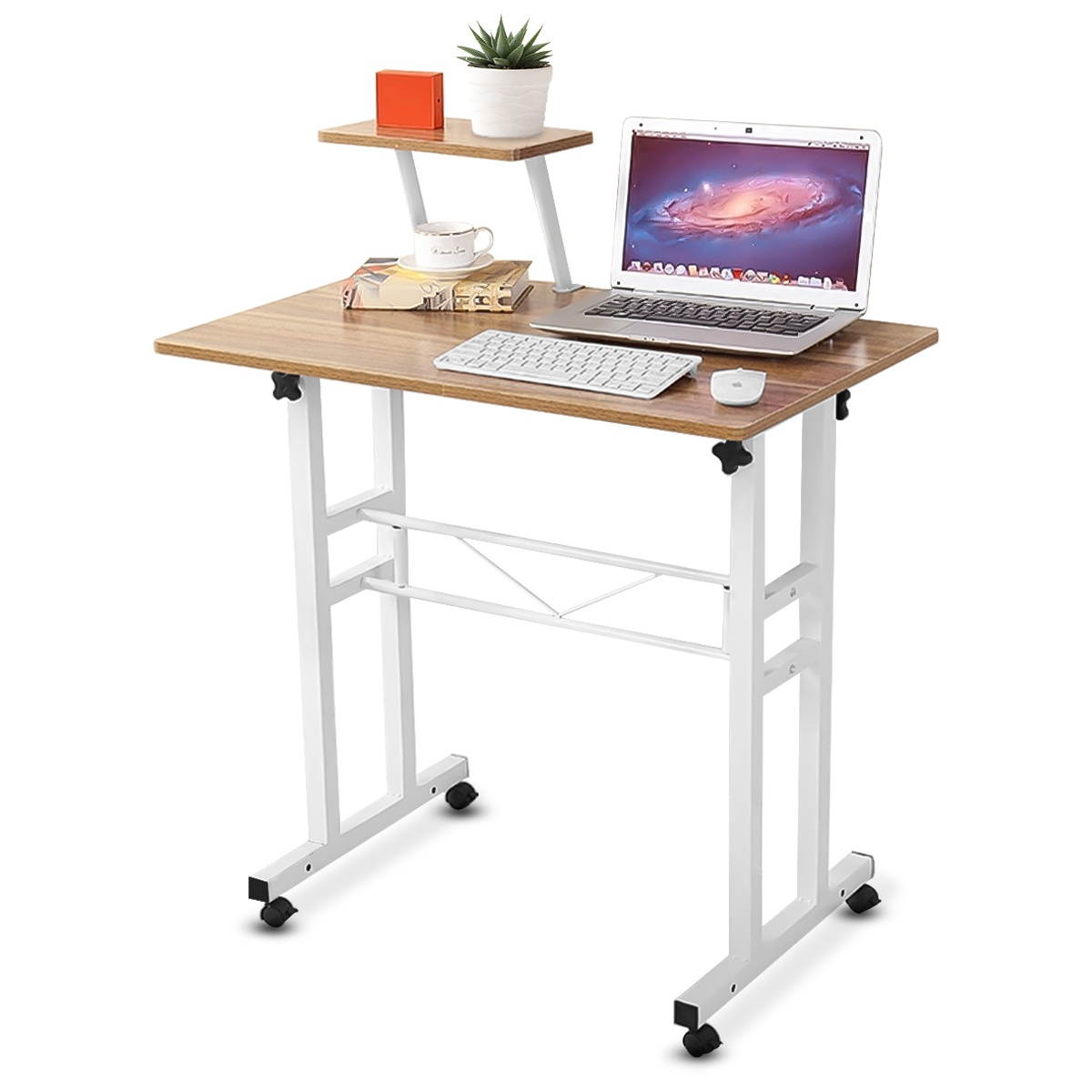 Mobile Standing Computer Desk Laptop Table Workstation Adjustable Height w/Shelf