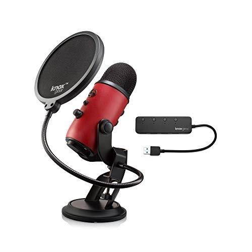 blue microphones yeti usb microphone satin red with knox gear pop filter and 3.0 4 port usb hub bundle