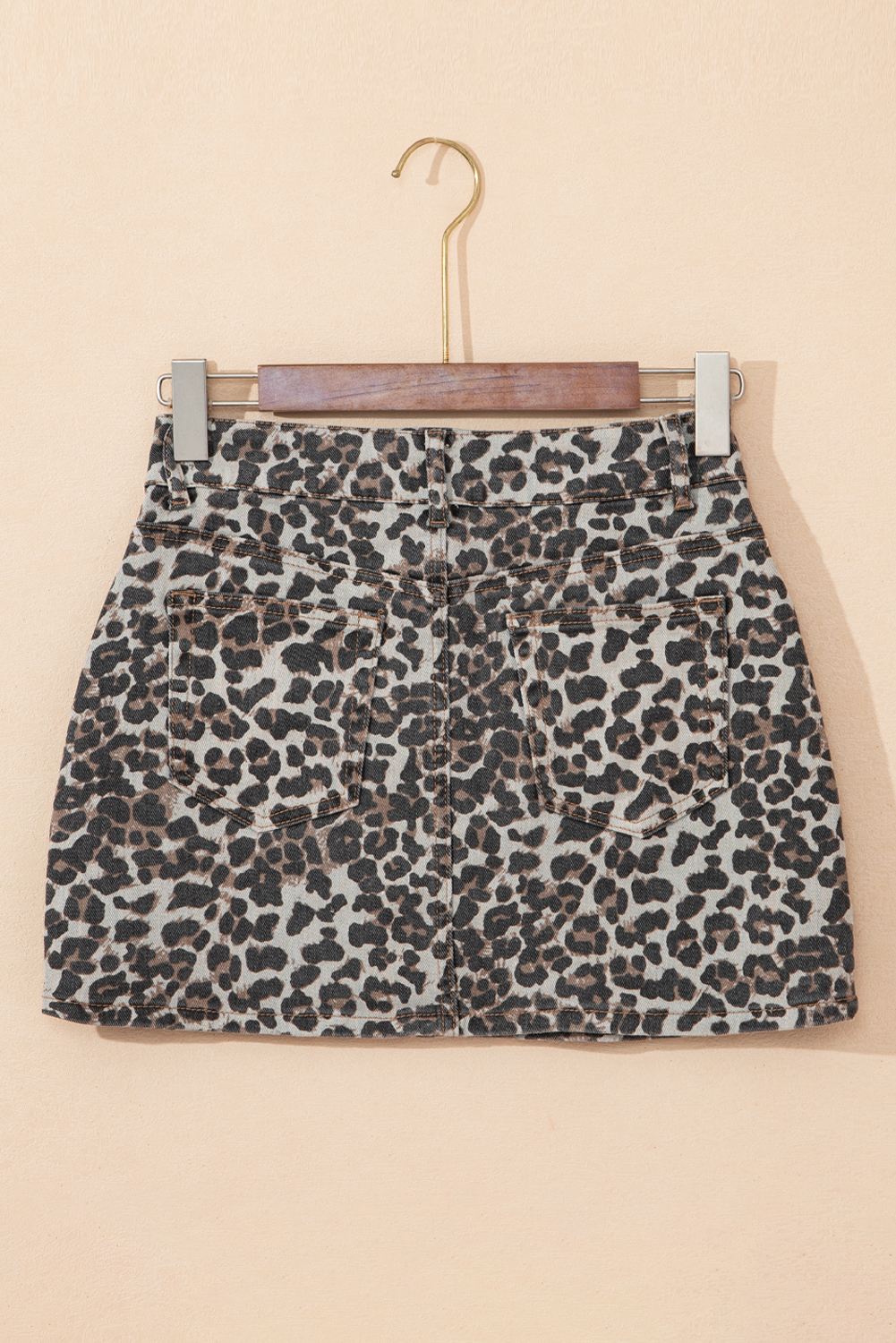 Khaki Allover Leopard Print Denim Mini Skirt