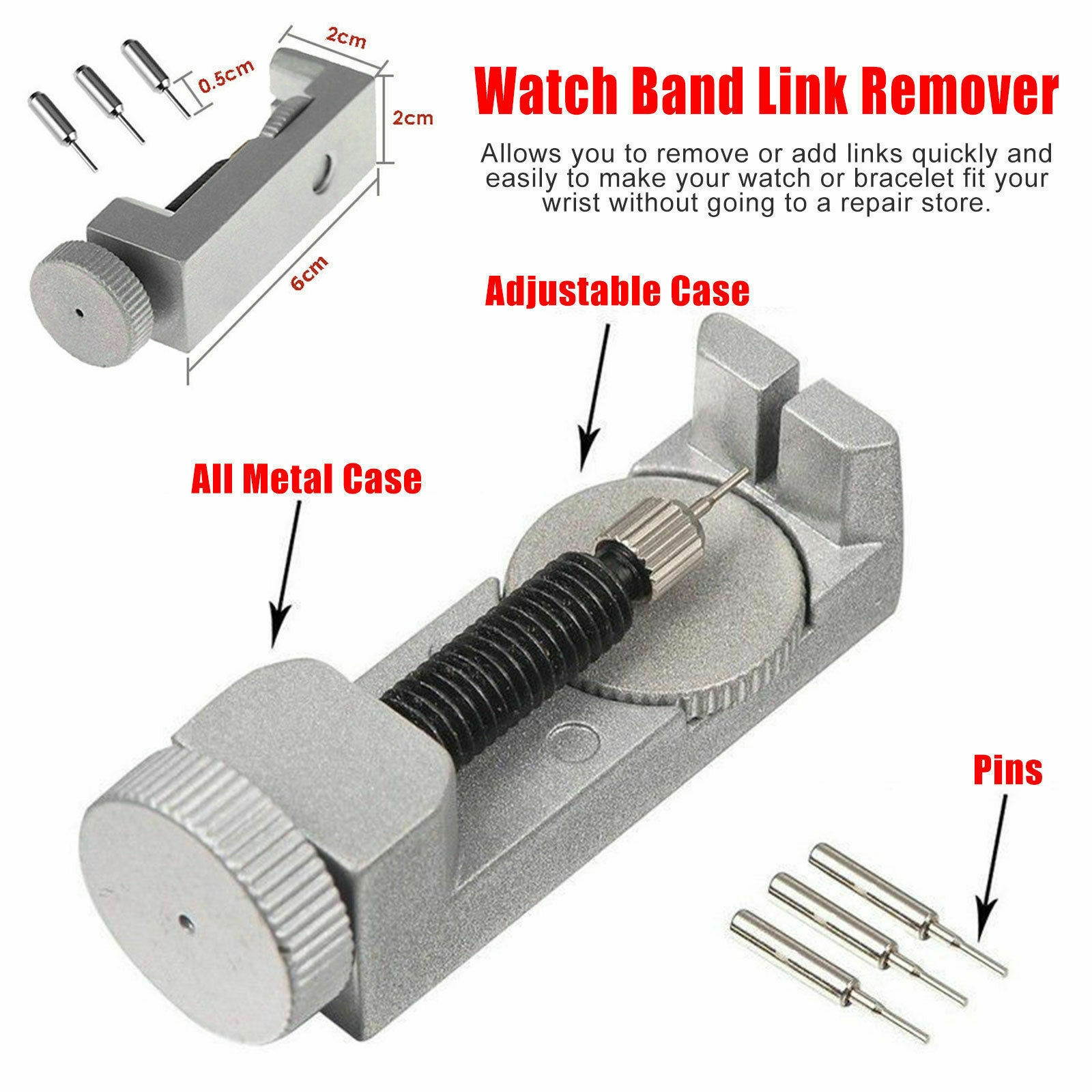 Metal Watch Bracelet Band Link Remover Spring Bar Repair Tool w/ Extra Pins