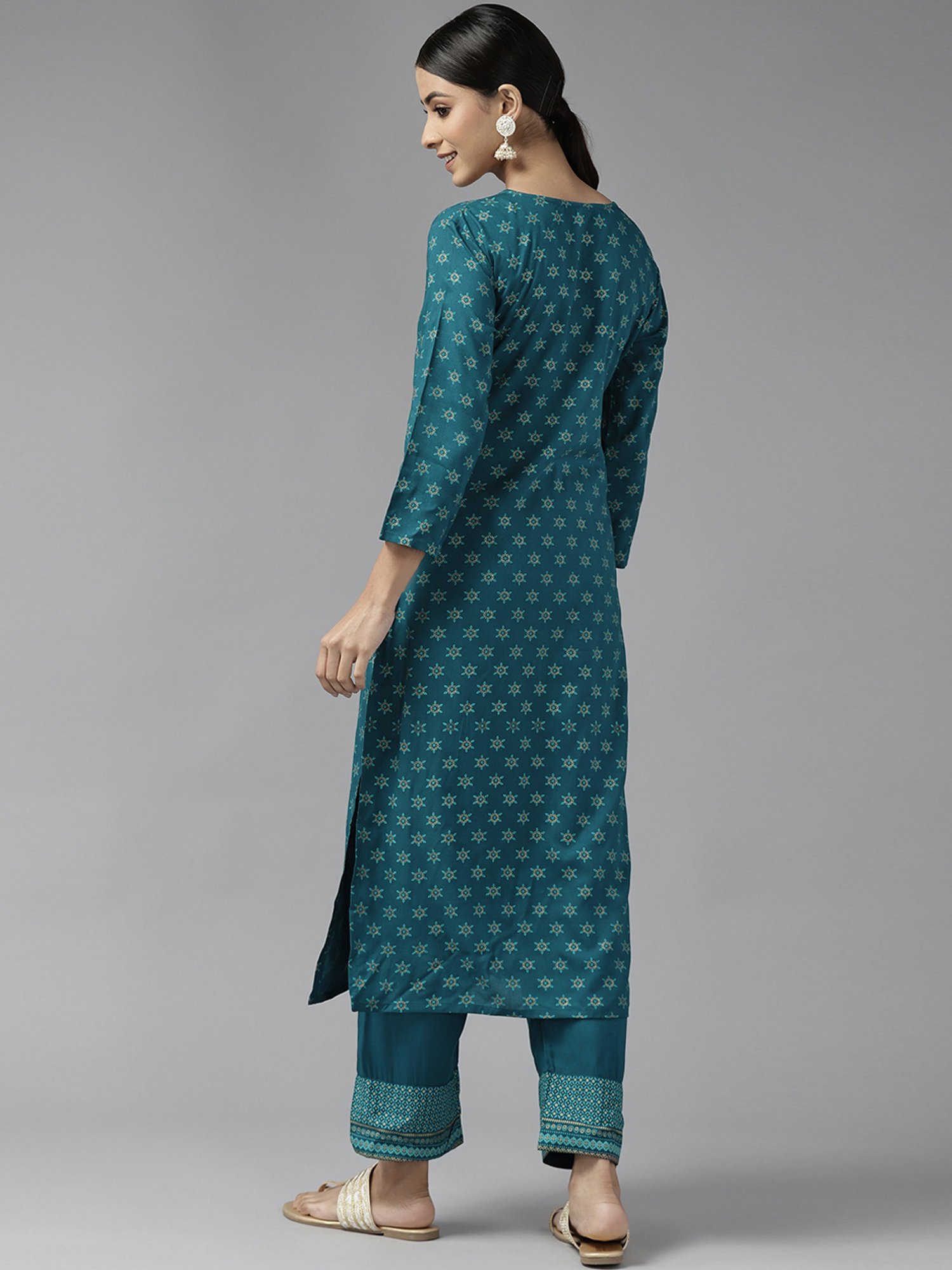 Yufta Teal Blue Embroidered Kurta Palazzo Set