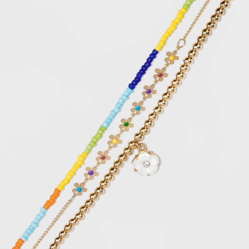 Shiny Gold with Beads and Acrylic Flower Charm Anklet Set 3pc - Wild Fable™