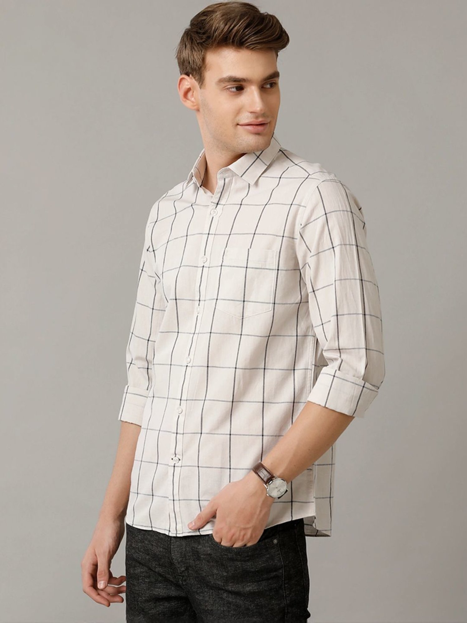 Cavallo By Linen Club Natural Linen Contemporary Fit Checks Shirt